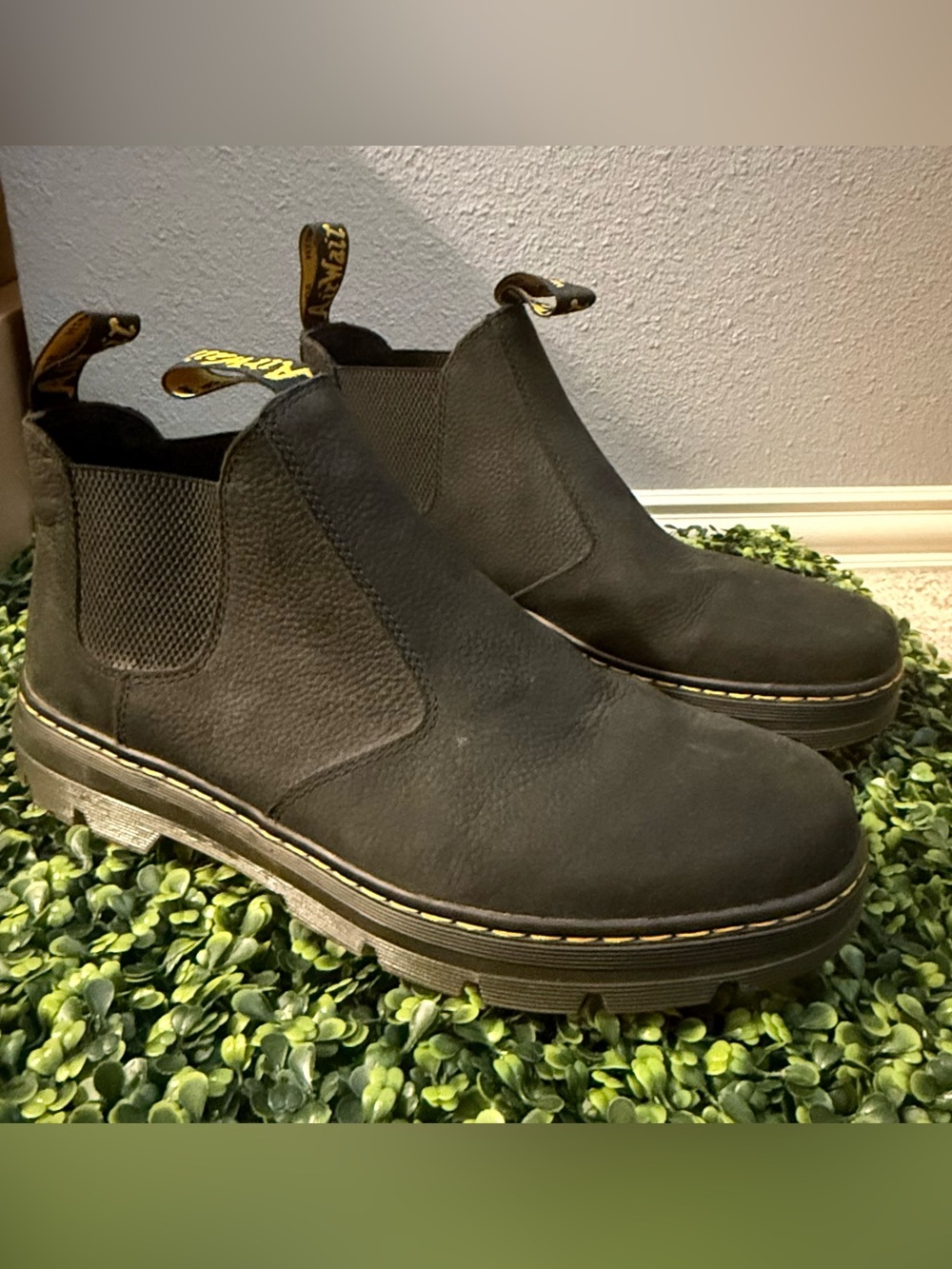 Dr. Martens Men’s Black Hardie II Boots with Yellow Stitching EU 47 US 13